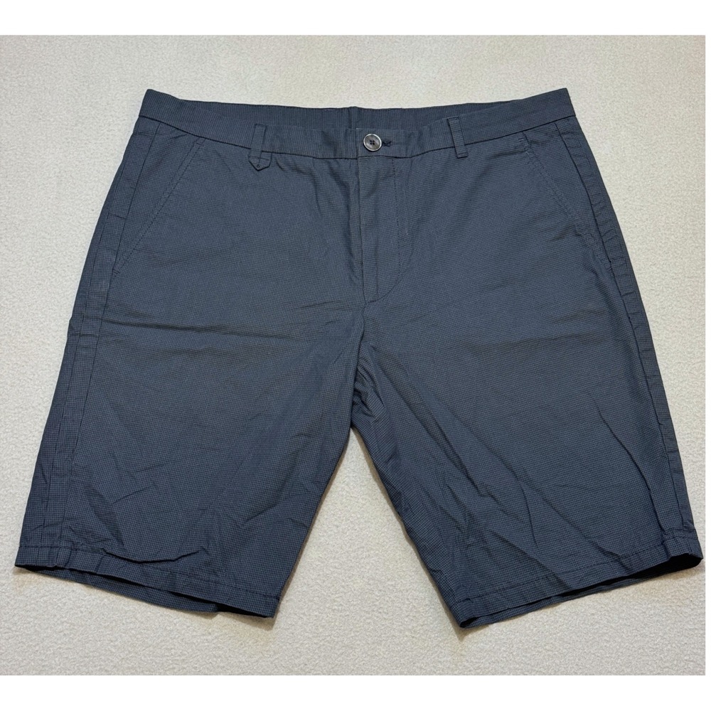 HUGO BOSS Micro-Check Chino Shorts Mens 34 Navy Blue Flat Front 100% Cotton